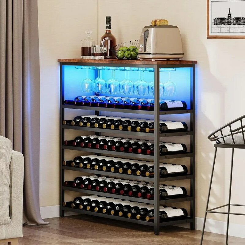 رف زجاجات النبيذ مع أرضية مستقلة ، يستخدم للمشروبات الكحولية والأكواب الزجاجية ، سطح الطاولة ، خزانة بار من 6 طوابق للاستخدام المنزلي ، 66