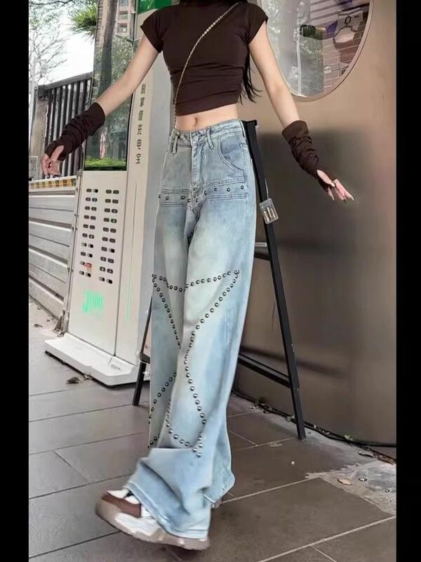 American Retro High Waist Star Willow Nail Jeans Women'S Casual Baggy Pocket New Style Pants Wide Light Blue Denim Trouser