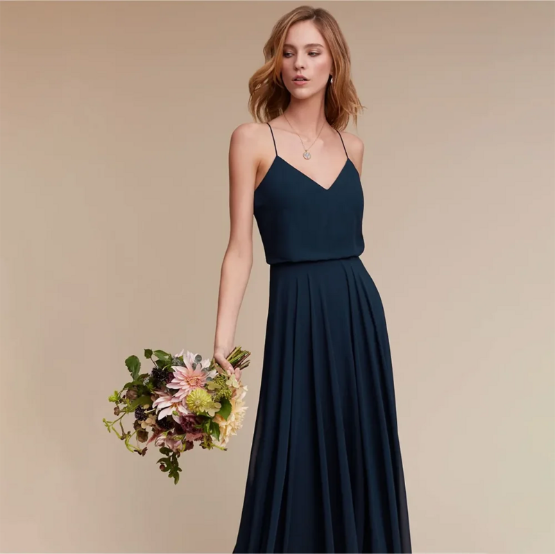 Exquisite V-Neck Spaghetti Strap Prom Dresses Long Simple Design Dark Navy Cocktail Dress Sexy Back A line Evening Gowns
