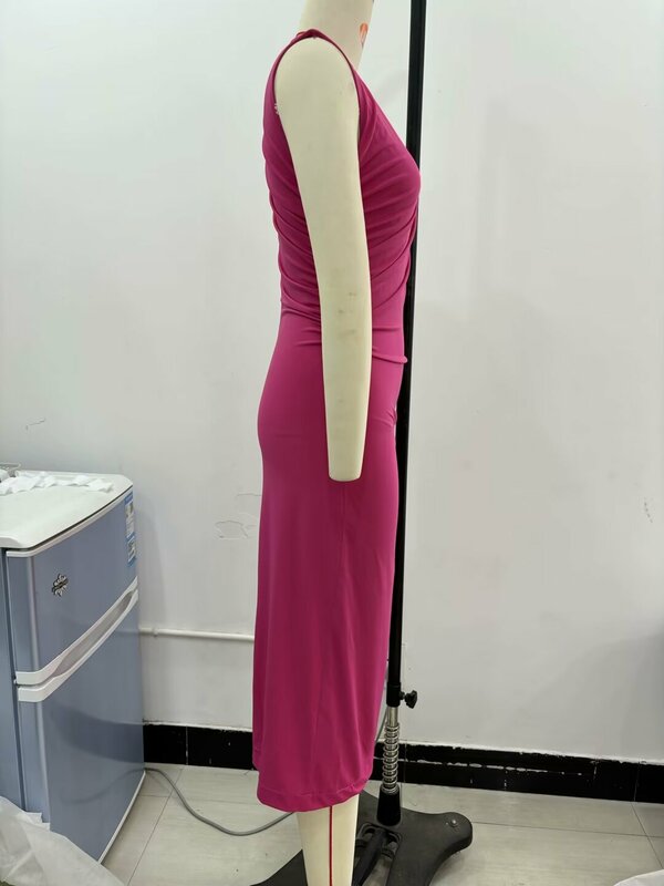 TRAFZA-Vestido largo drapeado con cremallera para mujer, prenda informal de verano, color liso, sin mangas, con pliegues, a la moda, 2024