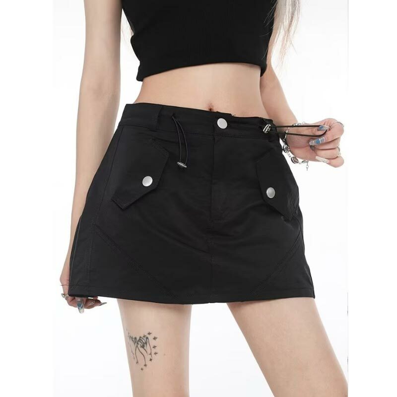Women's Drawstring Skirts 2024 Summer Hot Girl Cargo Short Skirt Vintage Y2k Streetwear Korean Fashion Clothing Grey Black