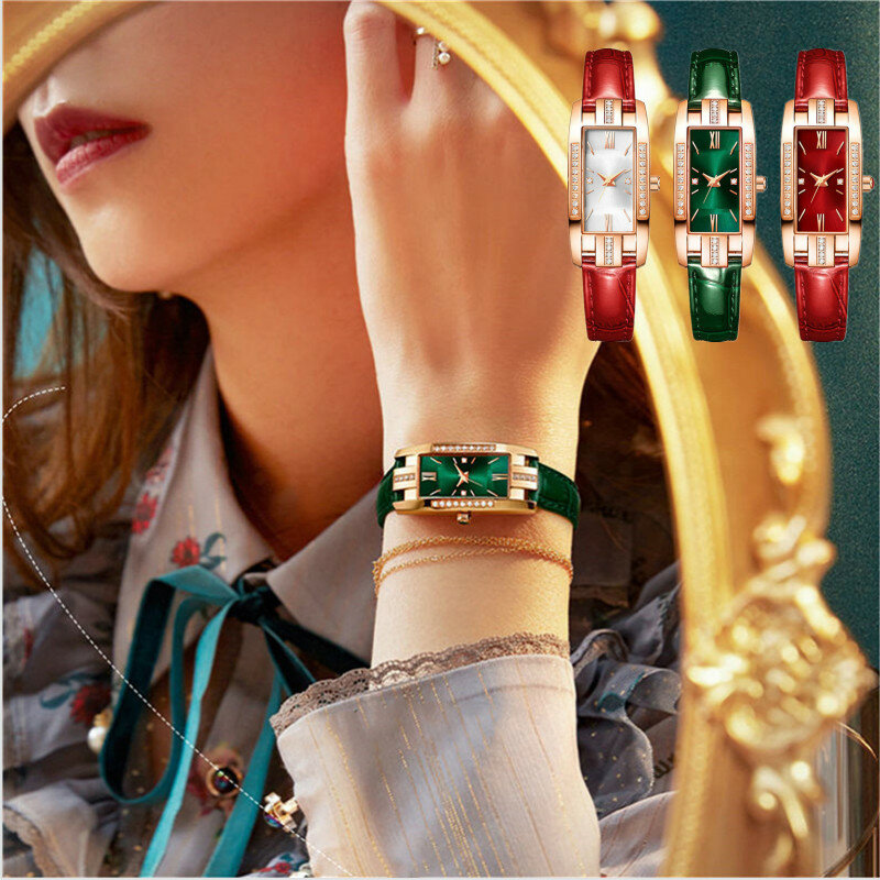 Luxury Fashion Watches New Women Vintage Rhinestones Leather Strap Roman Square Dial Quartz  Wrist Watch