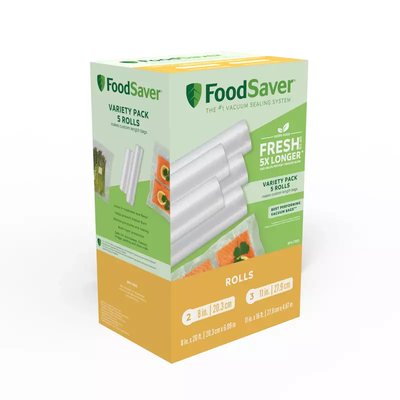 Пакеты для вакуумной упаковки FoodSaver, 3 рулона (11x16 дюймов) и 2 рулона (8x20 дюймов)
