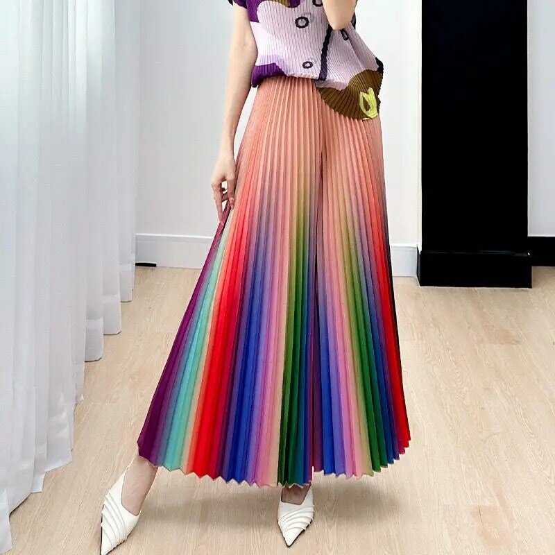 Fashion Trendy Gradient Elastic High Waist Pleated Loose Wide Leg Pants Women Summer High-end Folds Versatile Straight Trousers