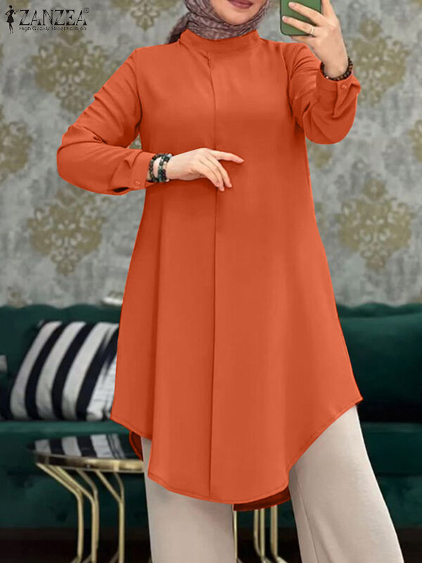 Осенние женские мусульманские топы ZANZEA, однотонная блузка с длинным рукавом и круглым вырезом, винтажная Элегантная Модная Свободная рубашка, мешковатая мусульманская одежда