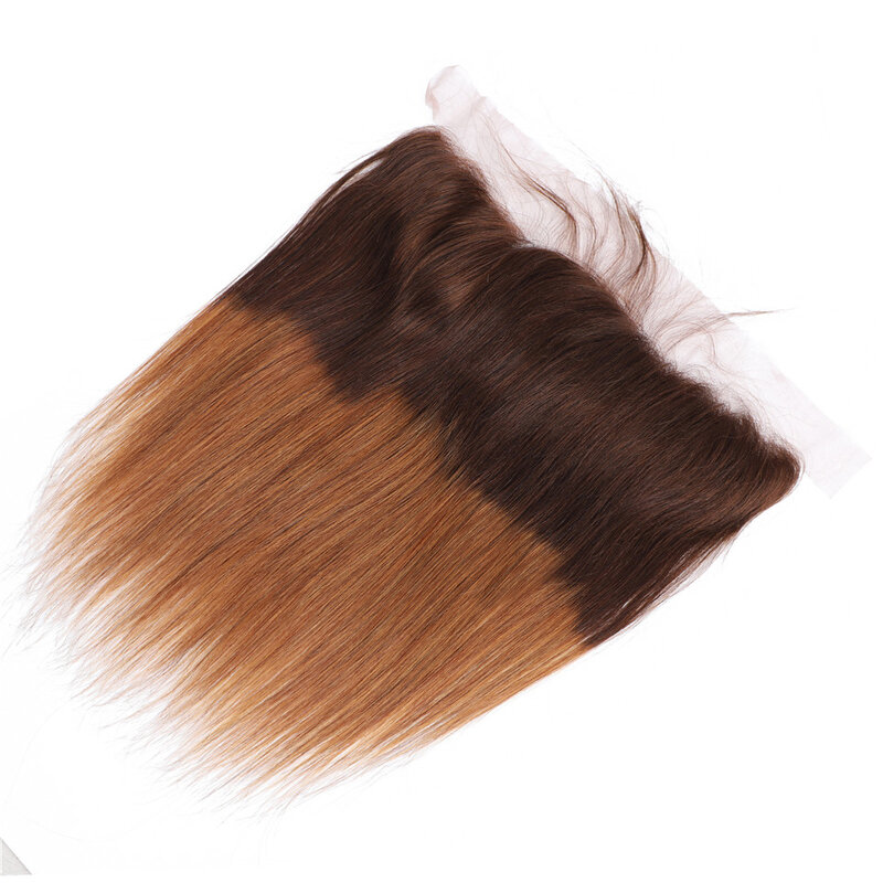 Extensiones de cabello humano liso con cierre de encaje, extensiones de cabello Remy brasileño con malla Frontal, color marrón 3/4, ombré 4/30