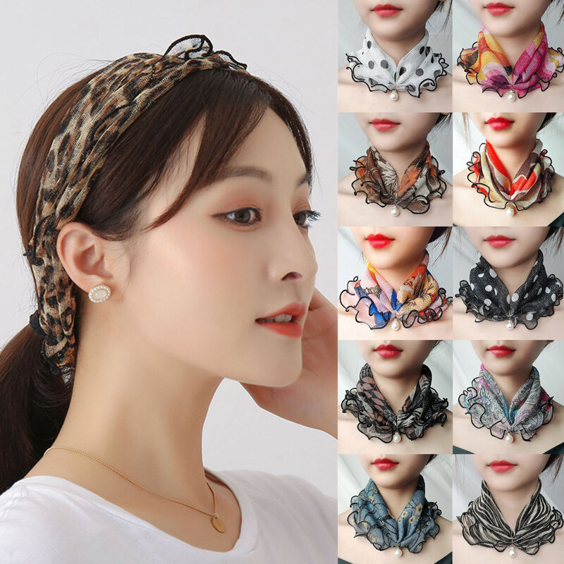 1PC Pearl Lace Scarf Neck Collar Print Shiny Variety Loop Scarf Ruffle Lace Scarf Pearl Pendant Chiffon Scarves Bandana Headband