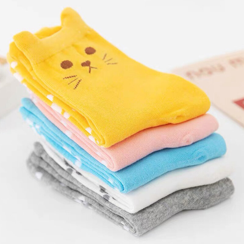 Chaussettes décontractées Harajuku pour femmes, College de chat, animaux de dessin animé, motif de chat, chaussettes en coton rayé, chaussettes Meias Kawaii, sol, nouveau, 5 paires