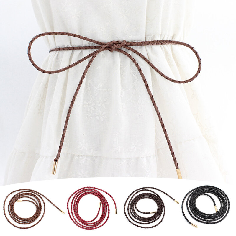 Wiązana w talii sukienka z paskiem sznurek w pasie ze sztucznej skóry wąski pasek z kokardą w talii w jednolitym kolorze łańcuszek w talii damska dekoracja odzieży
