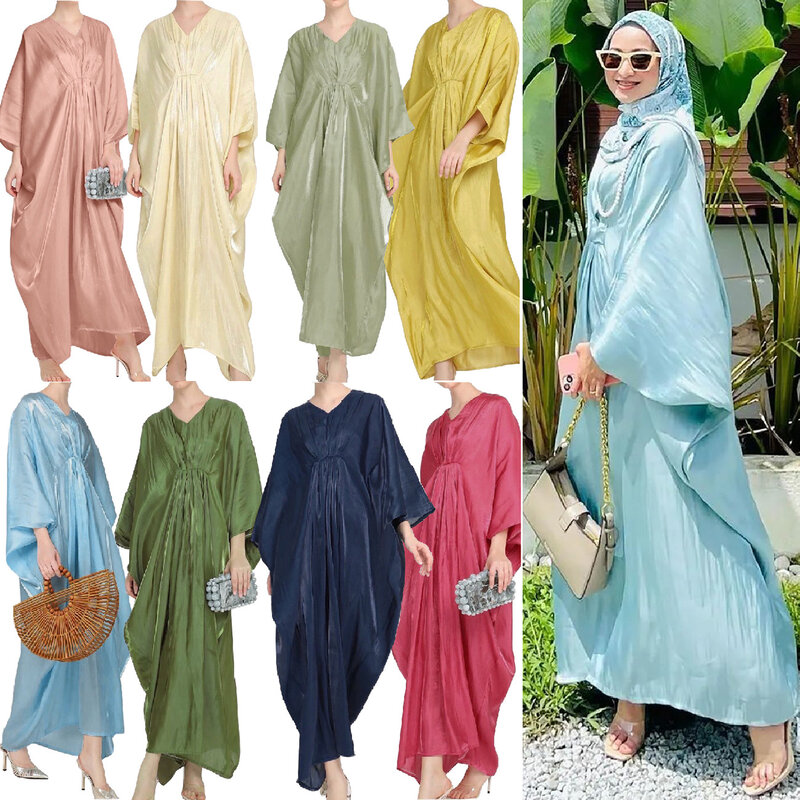 Vestido largo suelto de manga murciélago para mujer, Túnica musulmana de Oriente Medio, malayo indonesio, verano 2024