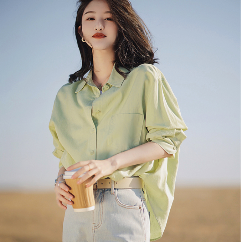 أزياء المرأة الكورية أزرار أحادية اللون ضئيلة القطن بولو الرقبة طويلة الأكمام بلوزة ، ملابس نسائية ، عارضة جيب أعلى ، الصيف
