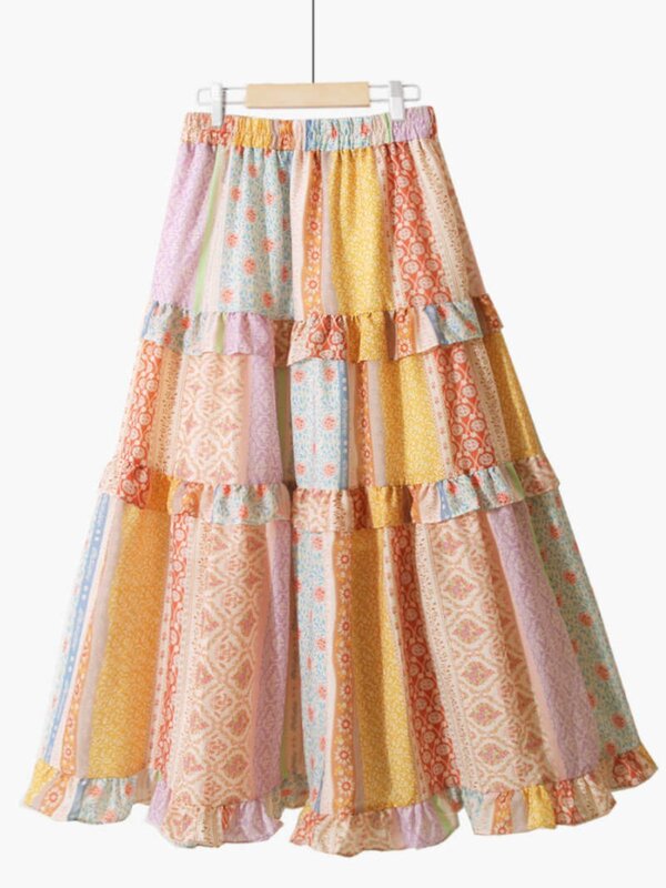 2024 letnia nowa nadruk w stylu Vintage długa spódnica damska damska patchworkowa bawełna drukowana długa spódnica