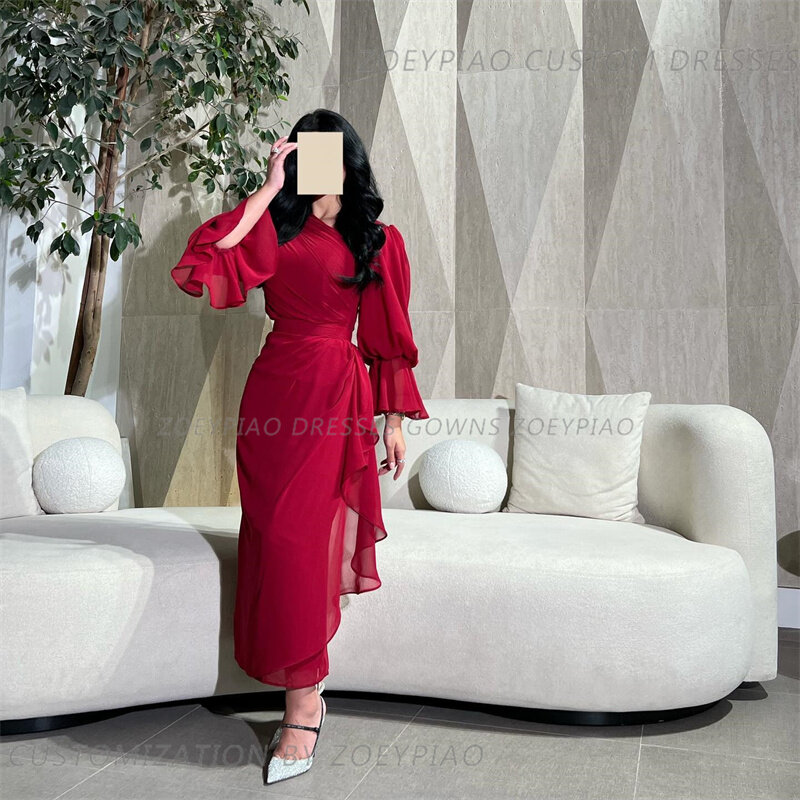 Burgundy Chiffon Evening Dresses Full Sleeve O Neck Formal Dubai Prom Dress Ankle Length Arabian Dubai Evening Party Gowns