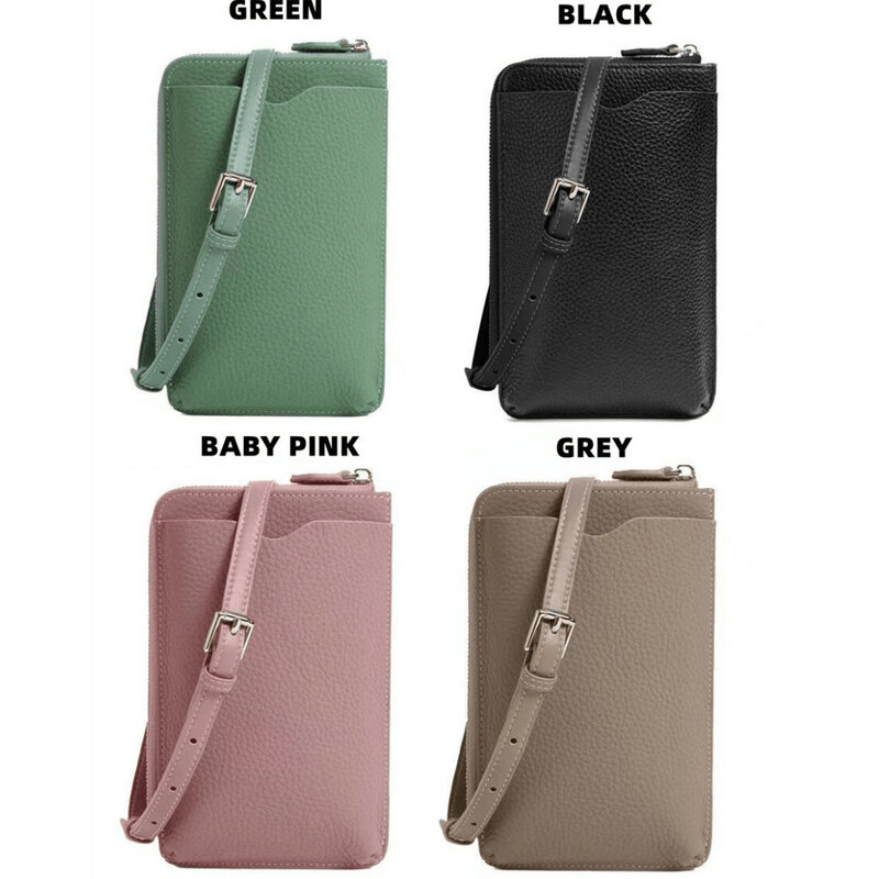 Litchi grain genuine leather phone wallet for girls' portable crossbody simple smartphone shoulder bag