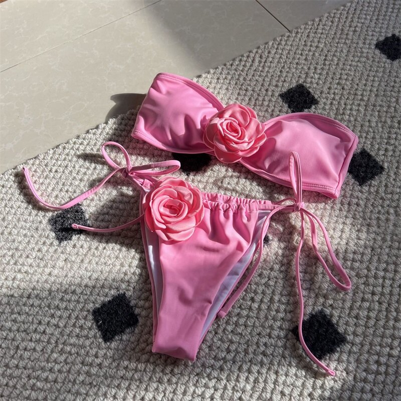 2 Piece Women's Bikini Swimsuit Top+Underwear Summer 3D Flower Strapless Party Beach Holiday Hot Girl Streetwear Robes Lace Up