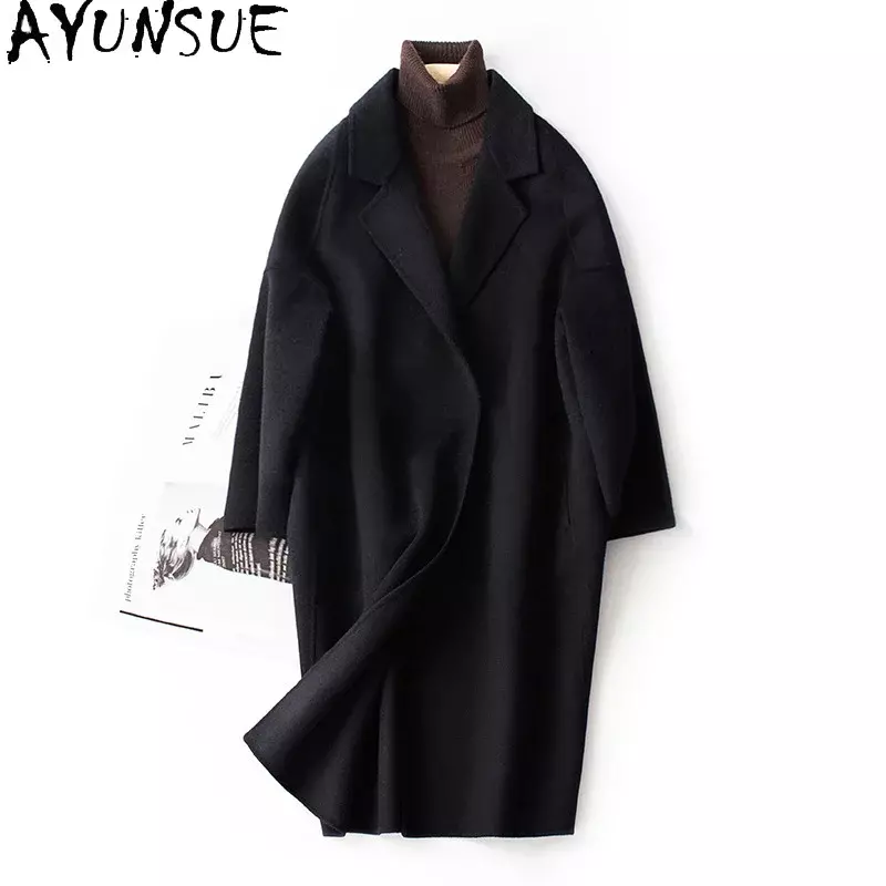 Ayunsu-سترة نسائية من الصوف على الوجهين بتصميم كوري ، معطف طويل فضفاض ، معاطف للخريف والشتاء ، صوف 100%
