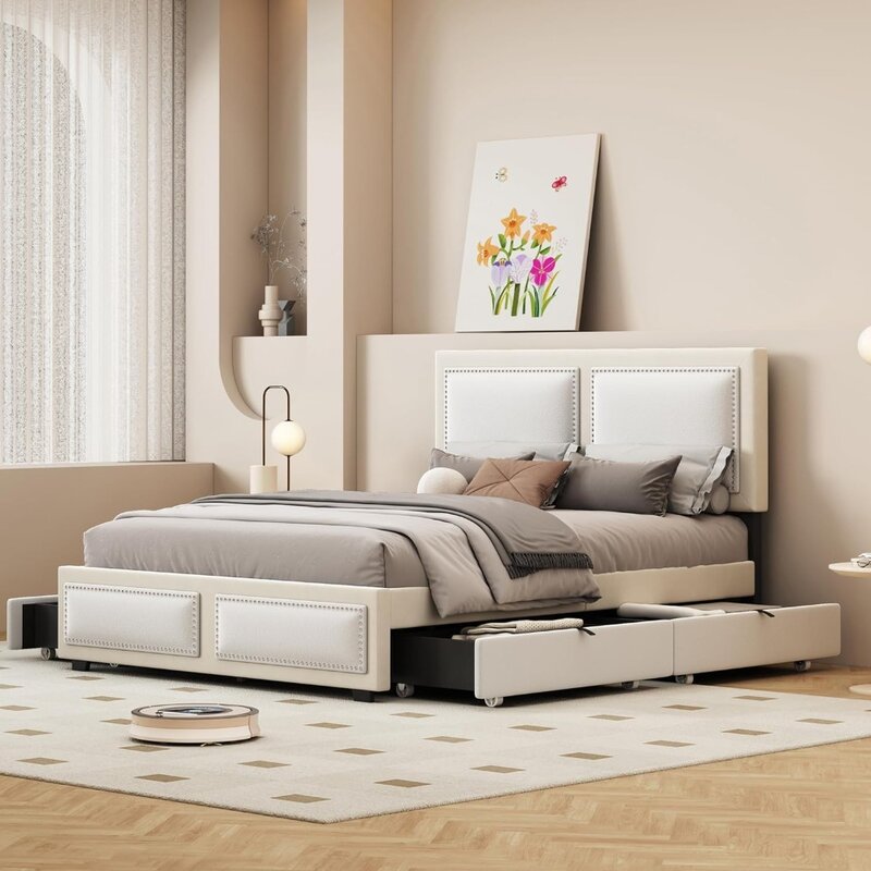 Rama łóżka typu queen-size z 4 szufladami, łóżko na platformie typu queen-size z zagłówkiem ozdobnym nitami, tapicerowana aksamitna tkanina z pluszowego polaru