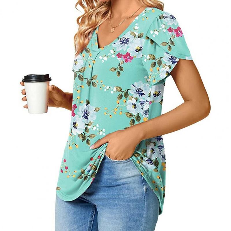 통기성 상의 플로럴 프린트 V넥 티셔츠, 캐주얼 루즈핏 꽃잎 상의, 여성 스트리트웨어, 짧은 풀오버, 여름