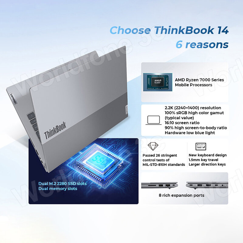 لينوفو-ThinkBook 14 حاسوب محمول ، AMD R5 7530U ، R7 7730U ، Radeon Graphics ، 16GB RAM ، 1 تيرا بايت SSD ، 2.2K لوحة مفاتيح بإضاءة خلفية ، حاسوب محمول ، 2023