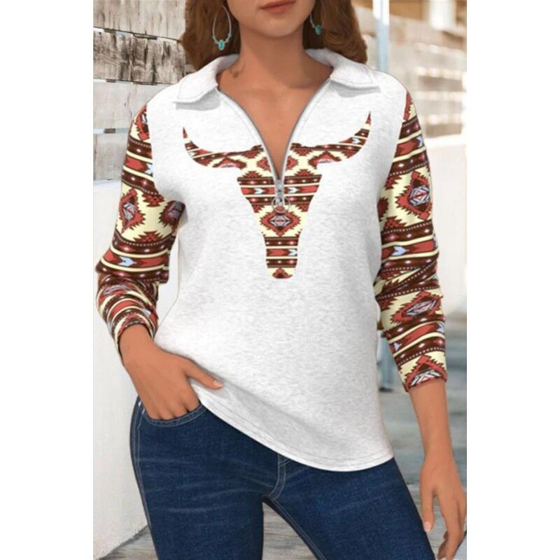Autumn and Winter New Fashion Women's Zip Lapel Long Sleeve Western Pattern Style Printed Cardigan Causal Women's Tops Pullovers