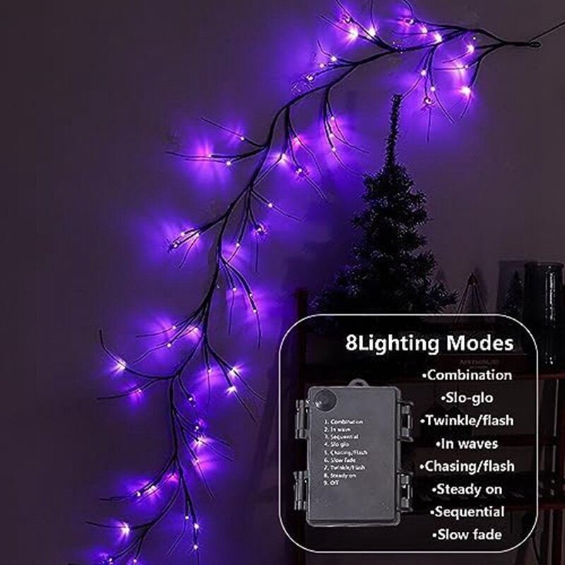HOT-Halloween Vine String Lights Black Purple Color With Spider Decor Tree For Halloween Indoor Outdoor Decoration