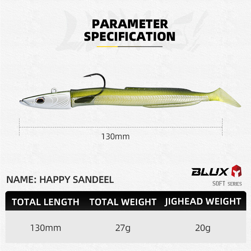 BLUX Happy Sandeel 13cm 27g Soft Live Eel Fishing Lure Paddle Tail Jig Head Hook Vinyls Vibration Artificial Bait Saltwater Gear