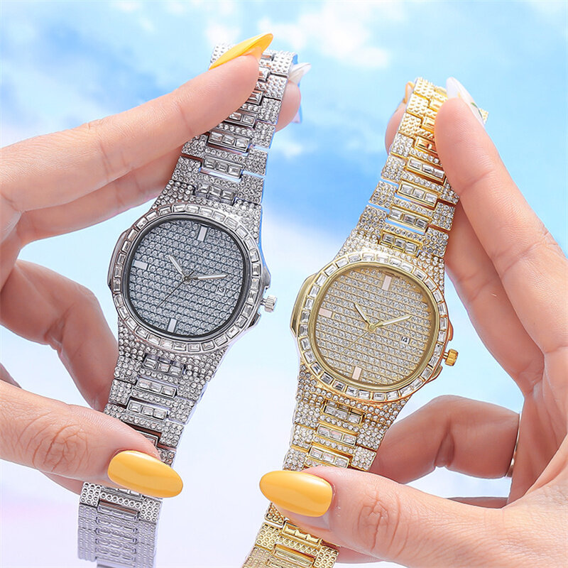 2023 nowy Iced Out zegarki dla kobiet mężczyzn luksusowy diamentowy zegarek moda Hip Hop kwarcowe zegarki na rękę kalendarz Relogio Drop Shipping