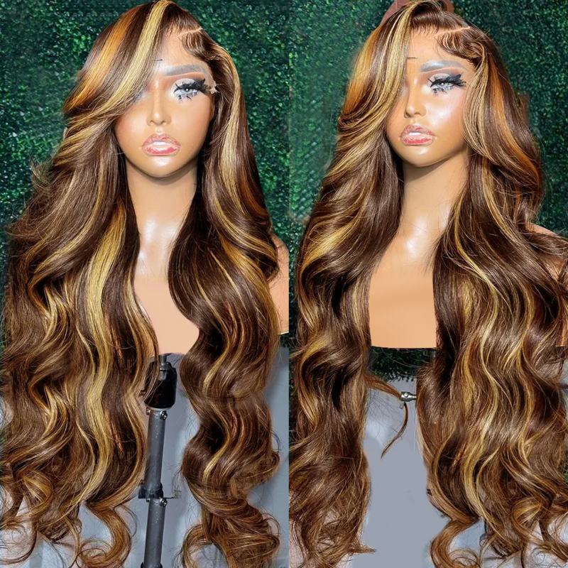 Loira Highlight Body Wave Lace Front Wig para Mulheres, Cabelo Humano Brasileiro, Ombre Colorido, 13x4, 13x6, HD Lace Frontal Wigs, 4/27