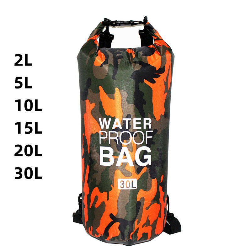 Bolsa de natación impermeable de 30l, saco seco de colores de camuflaje, almacenamiento para kayak, pesca, Rafting a la deriva, 2L, 5L, 10L, 15L, 20L