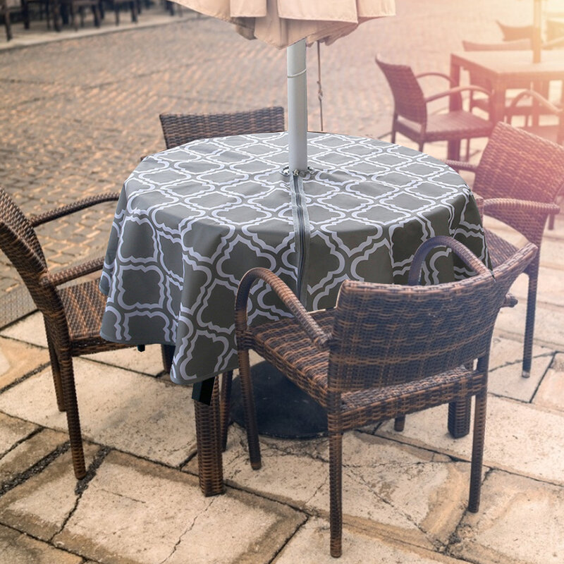 Round Table Cloth | Washable Balcony Tablecloth with Umbrella Hole | Tabletop Covers for Outdoor Din