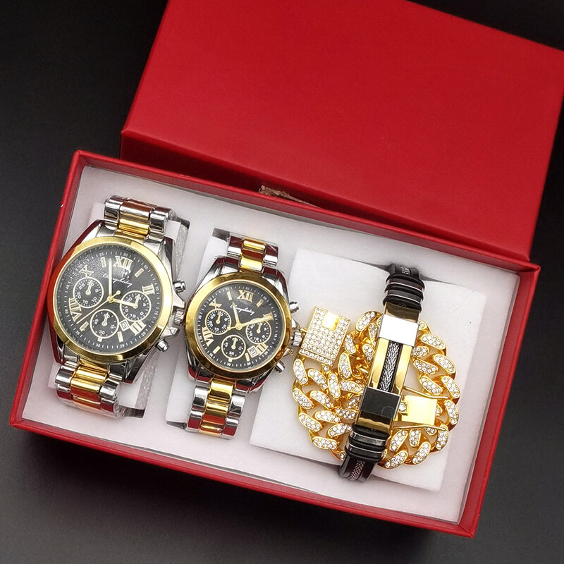 Relógios de quartzo de aço de luxo para homens e mulheres, presente do amante, relógio calendário com pulseiras para casal, moda, 4 peças