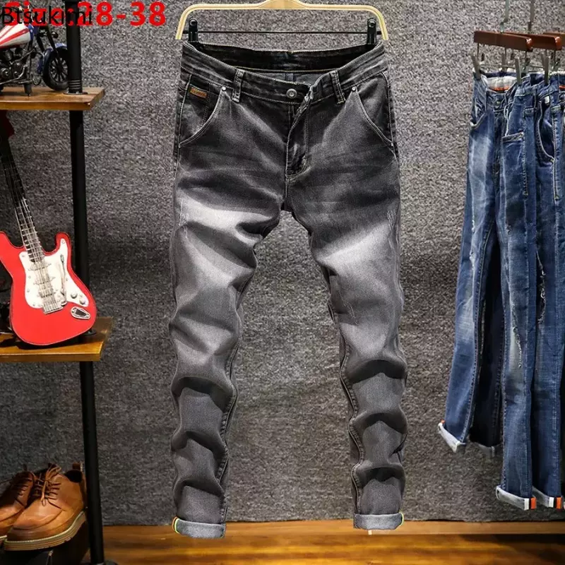 Новинка 2024, мужские Стрейчевые узкие джинсовые брюки, модные повседневные облегающие джинсовые брюки, однотонные длинные джинсы, мужские джинсы стрейч, 7 цветов