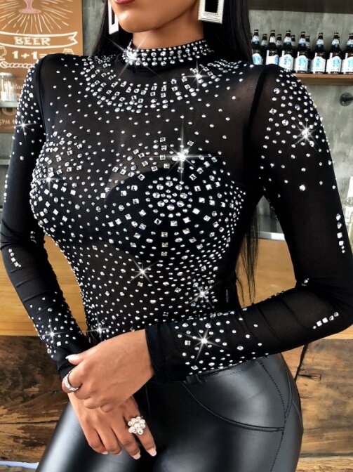 Женский новый весенне-осенний однотонный облегающий Модный черный женский топ со сломанными бриллиантами и полувысоким воротником