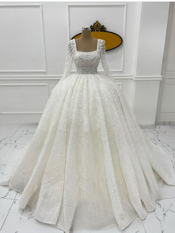 Luxury Square Neck Wedding Dress Dubai Beaded Pearls Long Sleeves Princess Sparkly Tulle Bridal Gown African Vestido De Novia