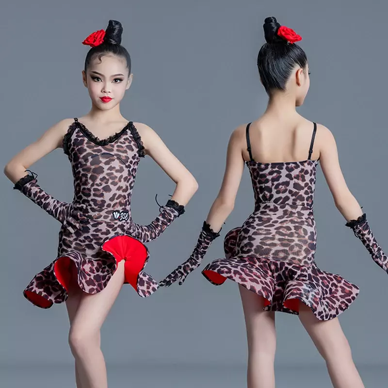 Girls Latin Leopard Dress Latin Dance Competition Wear Salsa Tango Chacha Ballroom Dance Costume Summer Latin Dance Dress
