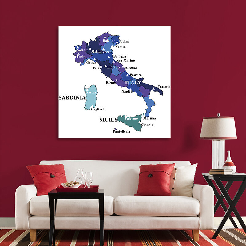 이탈리아 정치지도 빈티지 벽 아트 포스터 및 프린트 부직포 캔버스 페인팅, 교실 홈 데코, 학교 용품, 90x90cm