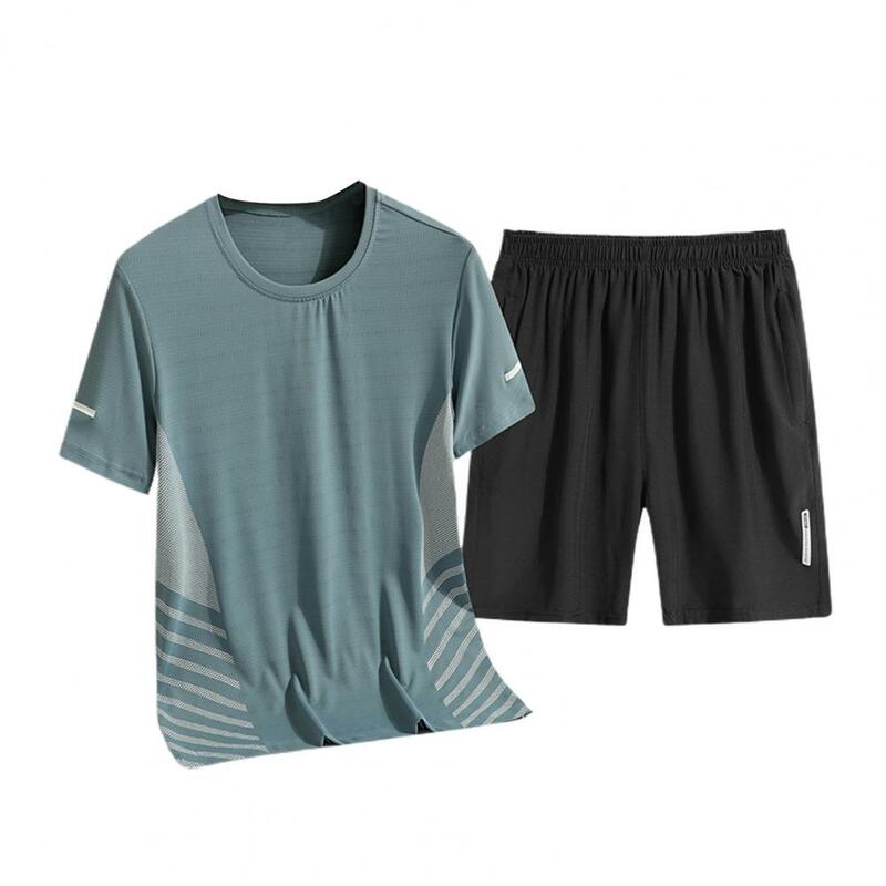 남성용 여름 스포츠 복장 인쇄 티셔츠, 신축성 있는 허리 넓은 다리 반바지 세트, 빠른 건조 아이스 실크 농구 복장, 2 개/세트