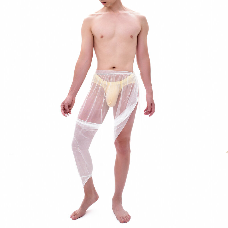 Умная Мужская пижама, сексуальные сетчатые штаны для сна, прозрачная длинная одежда для сна, кюлоты, прозрачная ночная рубашка с разрезом сбоку