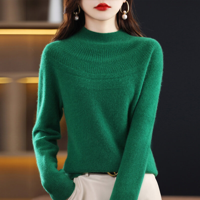 Suéter de caxemira feminino, conexão sem costura, gola meia alta, lã pura, pulôver de tricô, blusa solta oca, outono, inverno, 23