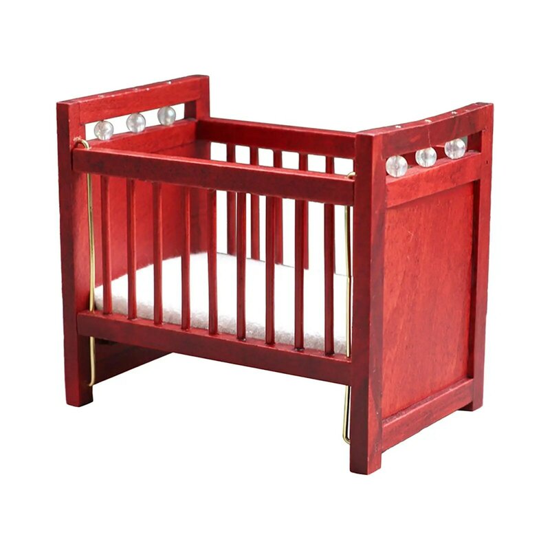 Mini Dollhouse Single Bed Crib 1/12 Bedroom Supplies Wooden Red Scenery Photo Props Toy Pretend Play Toy Dollhouse Furniture