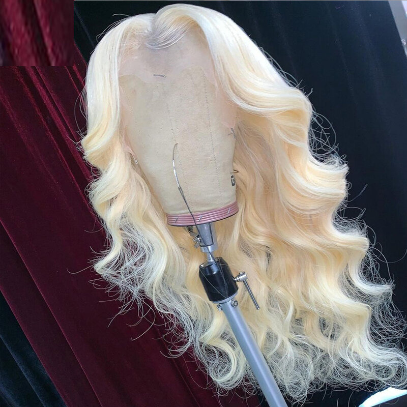Peluca de cabello humano ondulado transparente para mujer, pelo sintético mezclado con malla frontal, color rubio miel