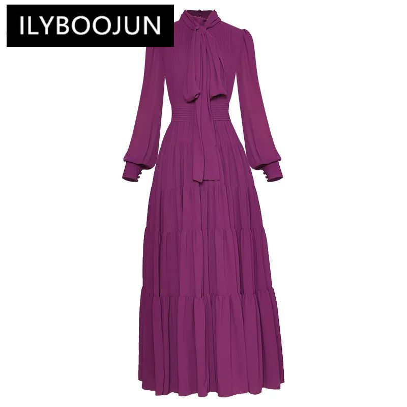 Gaun untuk wanita 202 merek mewah berkualitas tinggi gaun wanita kerah pita lengan lentera panjang ungu elegan gaun pesta berlipat