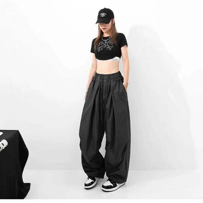 American Street Dance Hip Hop Quick Drying Drawstring Cargo Pants Jazz Women New Solid High Waist Pocket Loose Straight Trousers