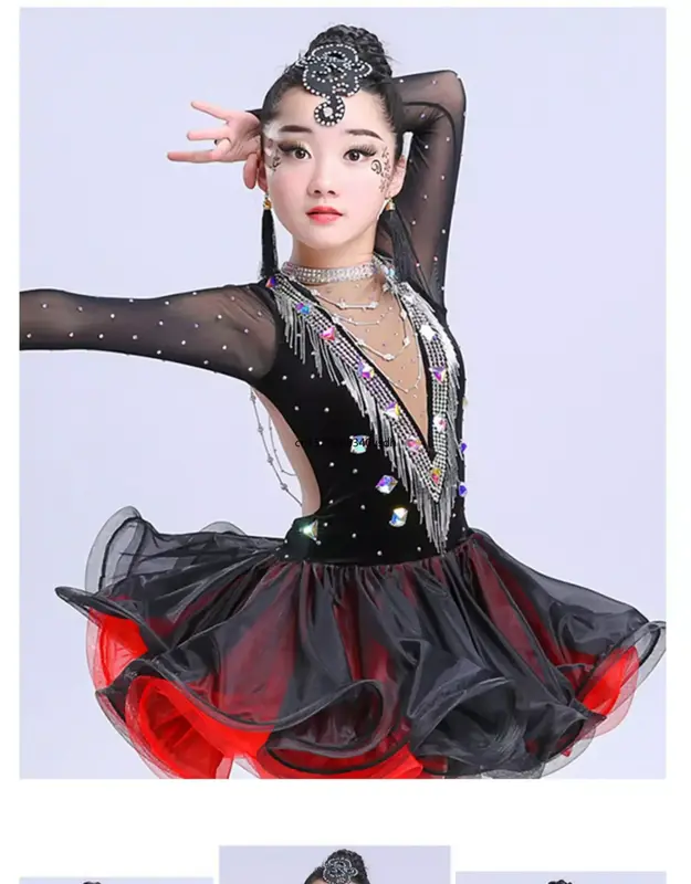 Vestido de dança latina profissional para meninas, traje salsa, vestidos tango sem costas, vestidos pretos e vermelhos para crianças, roupas de competição