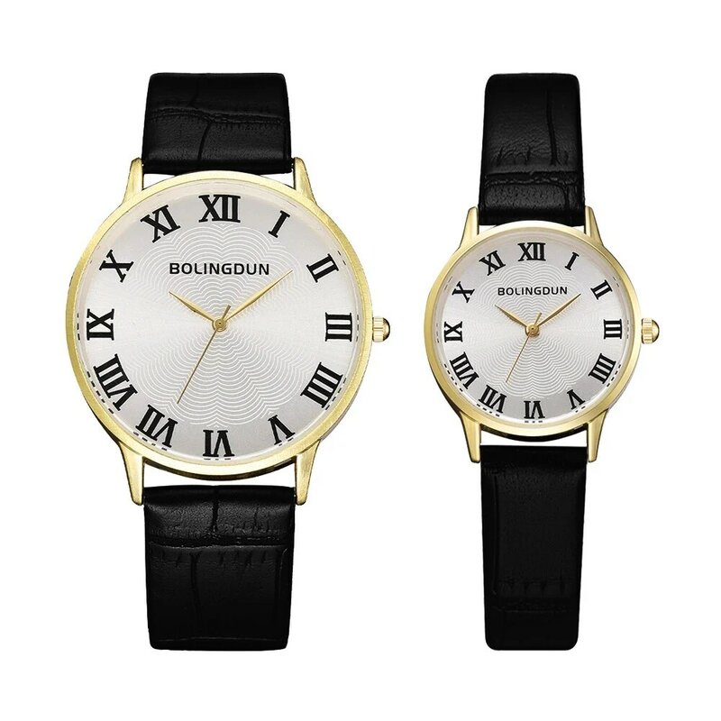 Relógio de pulso minimalista feminino e masculino, relógio de casal com números romanos, com pulseira de couro
