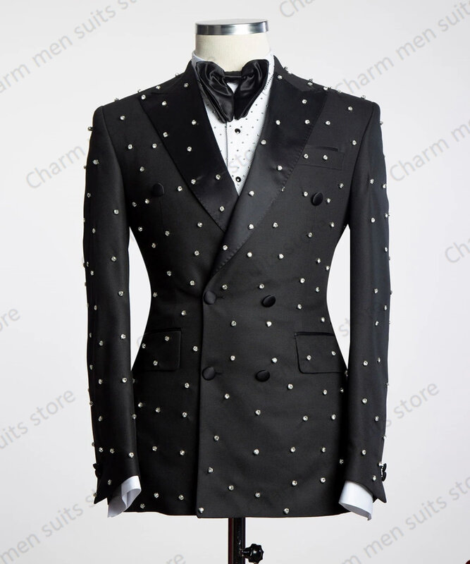 Conjunto de terno de cristais pretos de 2 peças dos homens, blazer e calças, jaqueta personalizada, casaco formal, escritório, baile de formatura, noivo, casamento, smoking