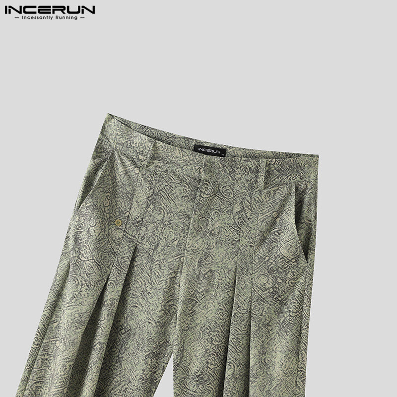 INCERUN Men's Pants Printing Button Pleated Loose Casual Straight Trousers Men Streetwear Joggers 2024 Pockets Fashion Pantalon