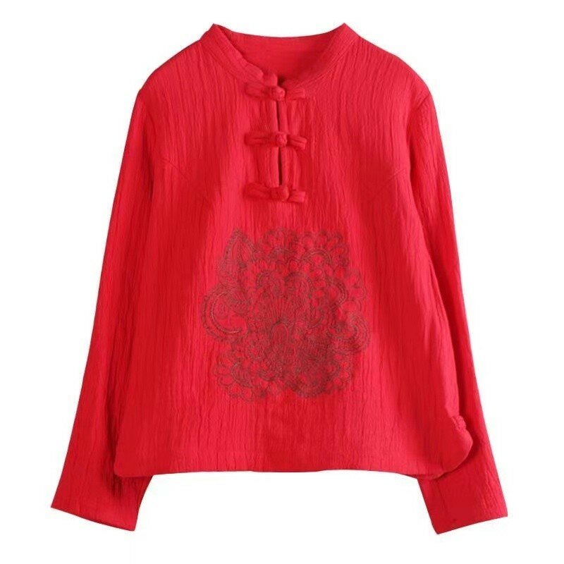 2022 Summer Chinese Style Ethnic Long Sleeve Women Retro Embroidery Blouse Red T-shirt Cotton Oversize Loose Ladies Casual Tops