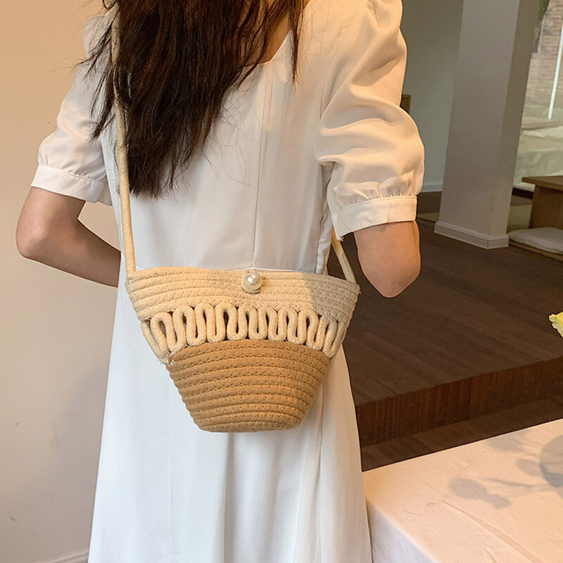 Tali katun mode tas bahu Bucket untuk wanita tas tangan Mini anyaman Handamade tas pantai musim panas tas selempang tali serut dompet