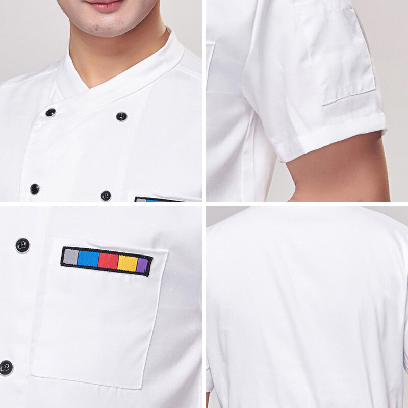 Unisex Kitchen Chef Uniform, Food Service Cook, Camisa de manga curta, Jaqueta Chef Breasted Respirável, Roupas de padaria, Atacado